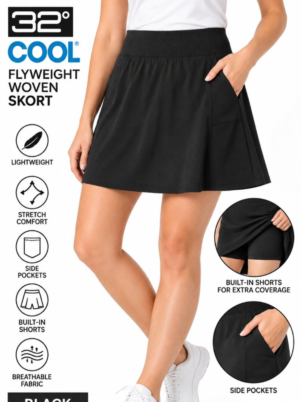 32 Degrees Flyweight Woven Skort Black XS Built-In Shorts NWT